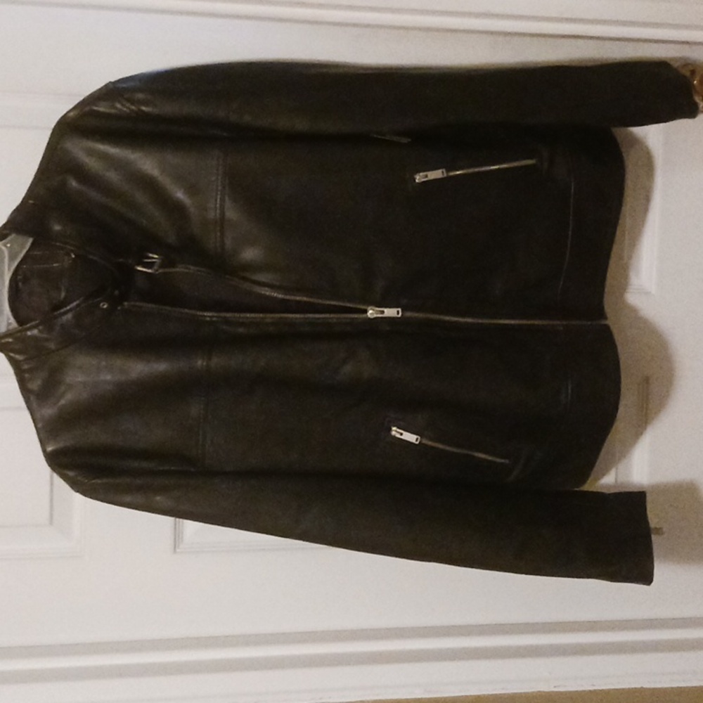 Sly & Co Black L Canadian  leather jacket w zippered sleeves and belted neck